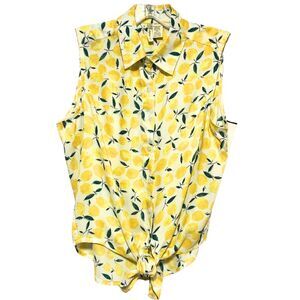 Lemon Print Lightweight Sleeveless Tie Button Up Blouse Small Top